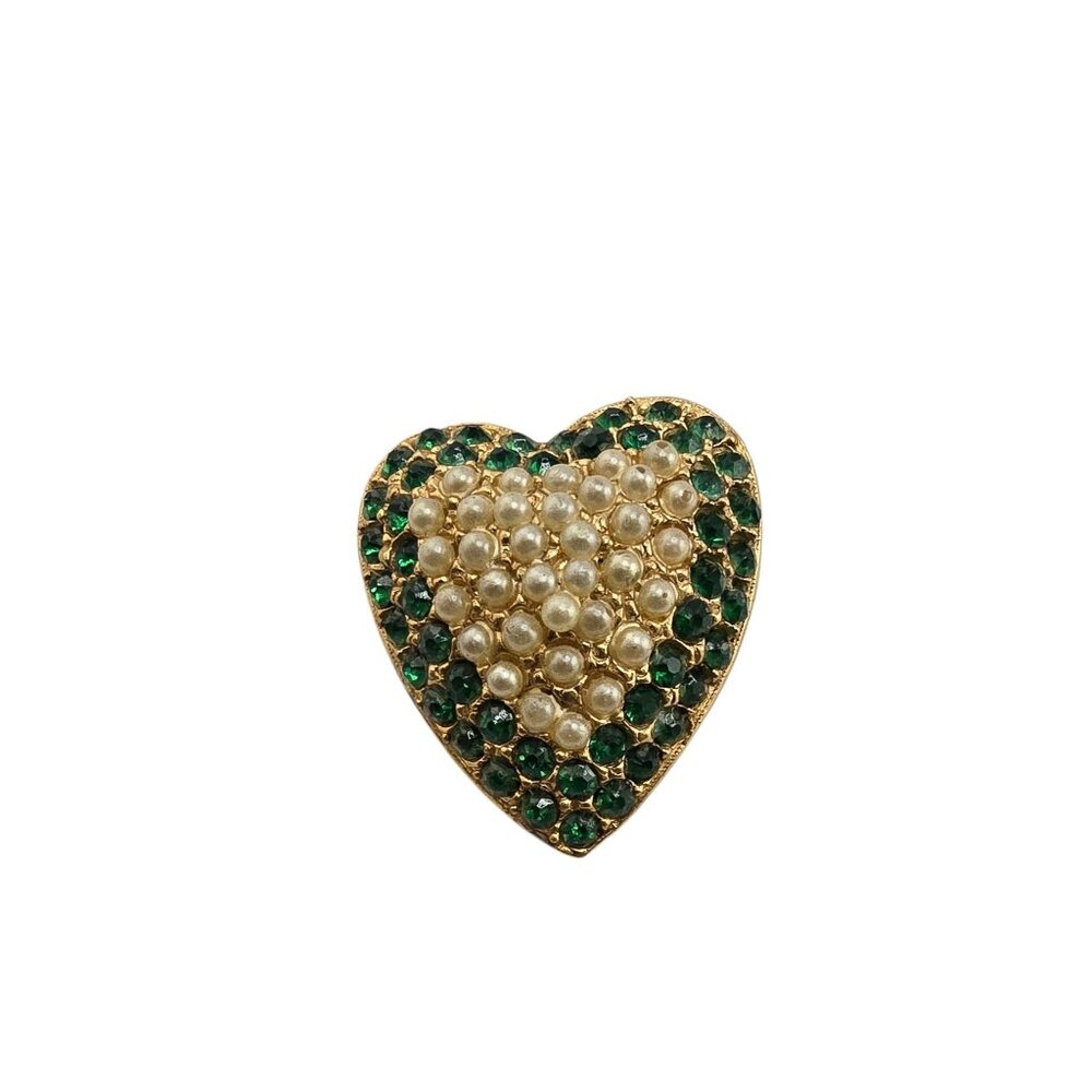 Vintage Pave Faux Pearl and Rhinestone Heart Brooch (A8120)